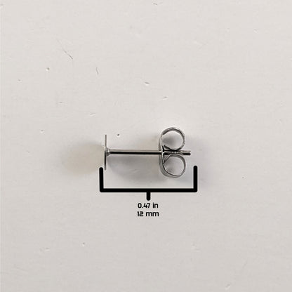 A size graphic of the earring post and butterfly back on a white background. It shows the length of the post as 12 mm or 0.47 in.