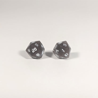 A single pair of the larger size handmade d20 earrings with titanium hardware that are maroon and dark silver with white numbers on a white background. The earring on the left centers the 20 face and the earring on the right centers the 1 face.