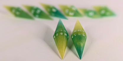A straight on photo of a diamond set of DnD dice that are yellow and teal swirls with white numbers focusing on 2 d20s in the center. The d20 on the left has the 1 face up and the d20 on the right has the 20 face up. The other 6 dice are lined up in the background but are out of focus, while the d20s are in sharp focus.