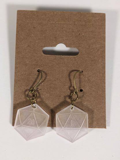 A pair of pale pink and white dangly, flat d20 earrings with gold color titanium and niobium hardware on a kraft earring card on a white background. The earring on the left has a 20 on it and the earring on the right has a 1 on it, both in a fantasy style font.