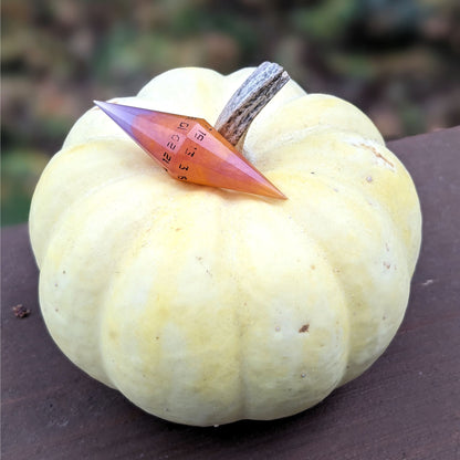 A diamond style d20 that is orange and purple with black numbers sits on top of a small, white pumpkin. The handmade die rests near the stem, and the 20 face is facing forward.