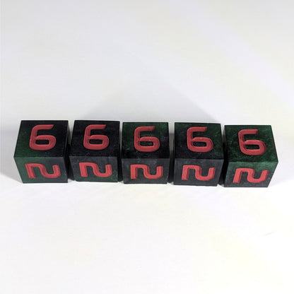 Five standard d6s are arranged in a line on a white background. The dice are dark green and black and have red numbers. All of the dice have the 6 face up.