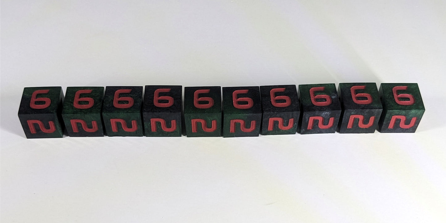 Ten standard d6s are arranged in a line on a white background. The dice are dark green and black and have red numbers. All of the dice have the 6 face up.