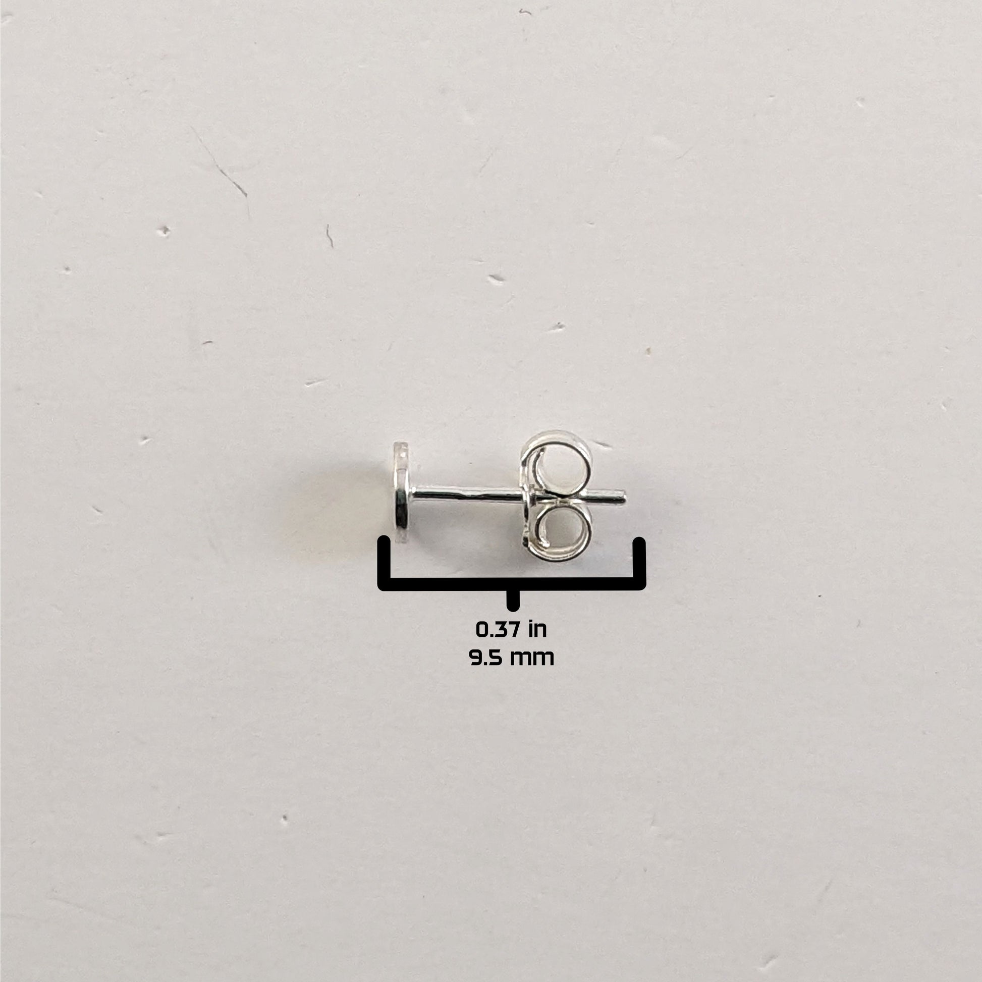 A size graphic of the sterling silver earring post and butterfly back on a white background. It shows the length of the post as 9.5 mm or 0.37 in.