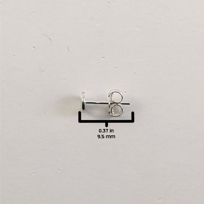 A size graphic of the sterling silver earring post and butterfly back on a white background. It shows the length of the post as 9.5 mm or 0.37 in.