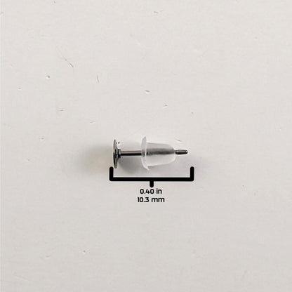 A size graphic of the earring post and bell shaped rubber back on a white background. It shows the length of the post as 10.3 mm or 0.40 in.