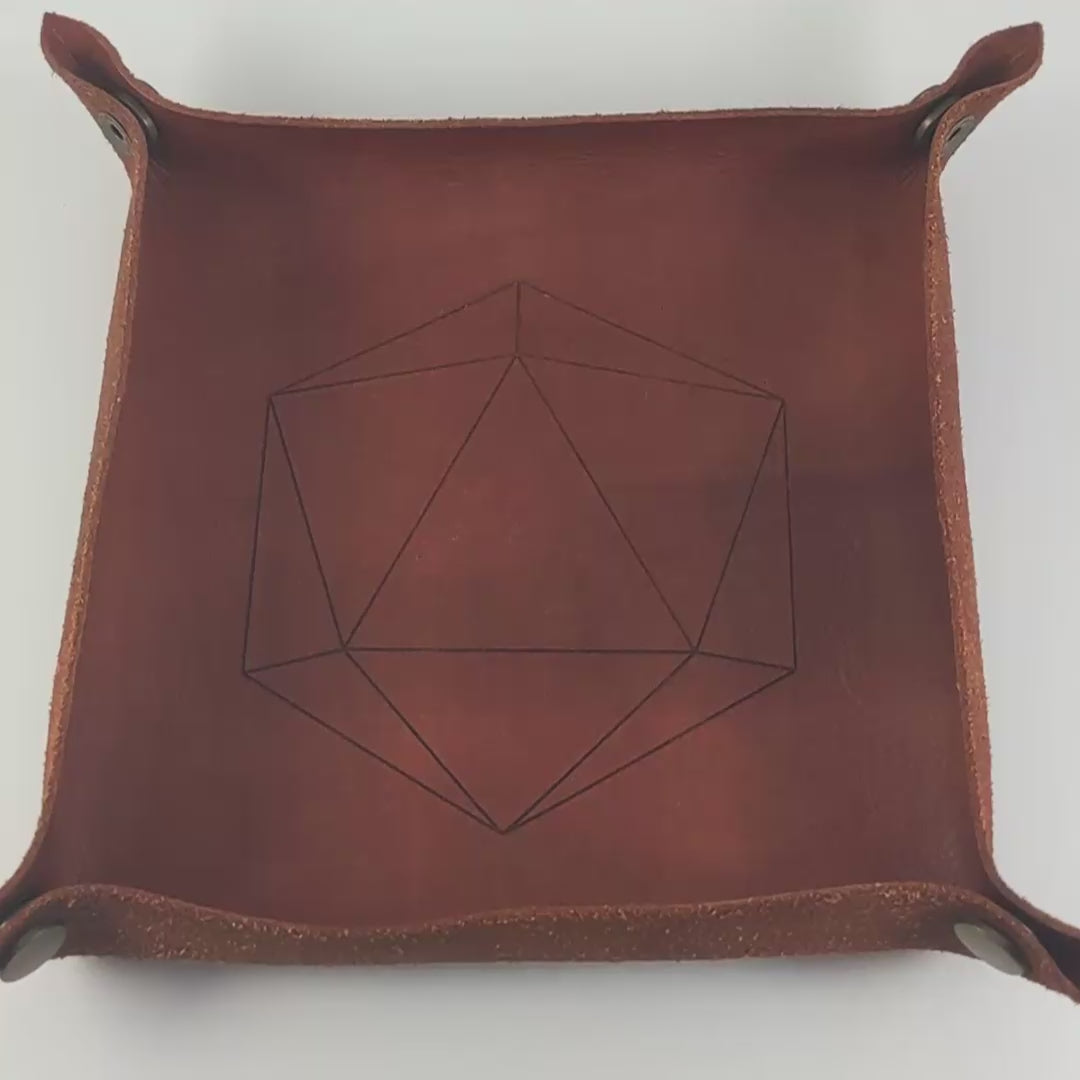 The video starts with a brown leather dice tray in view that has a d20 shape lasered into it. A hand appears from the bottom right corner holding a complete set of dagger dice that are green and black with orange numbers that glow in the dark. The hand rolls all of the dice into the tray from the right.