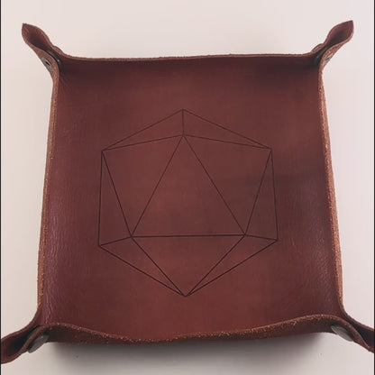 The video starts with a brown leather dice tray in view that has a d20 shape lasered into it. A hand appears from the bottom right corner holding five dark green and black d6s with red numbers. The hand rolls the dice into the dice tray from the right, rolling a 1, 2, 3, 4, 5.