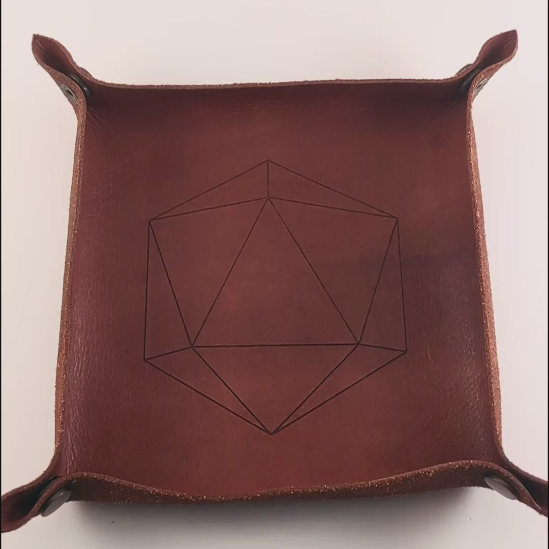 The video starts with a brown leather dice tray in view that has a d20 shape lasered into it. A hand appears from the bottom right corner holding five dark green and black d6s with red numbers. The hand rolls the dice into the dice tray from the right, rolling a 1, 2, 3, 4, 5.