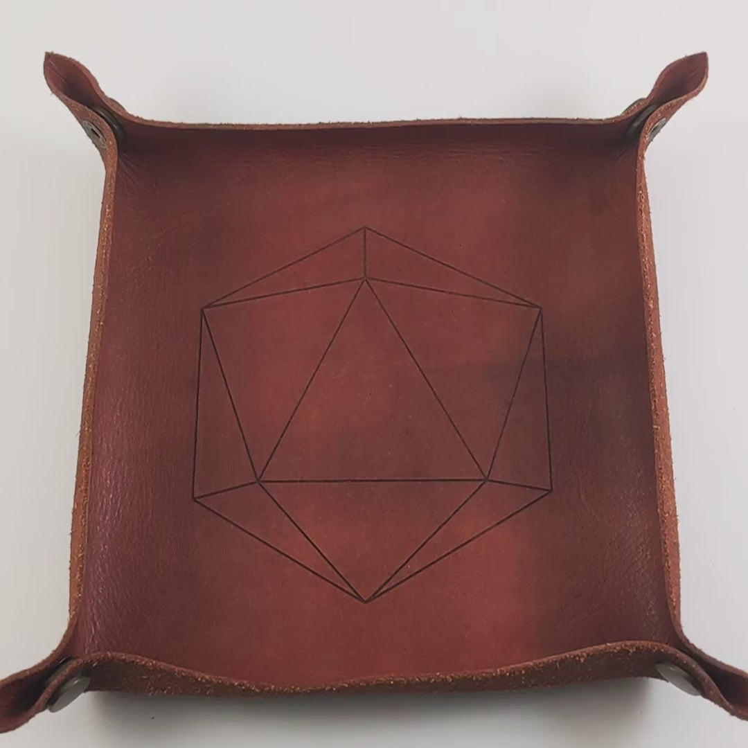 The video starts with a brown leather dice tray in view that has a d20 shape lasered into it. A hand appears from the bottom right corner holding a black and a white d12 each with gold numbers. The hand rolls the dice into the dice tray from the right.