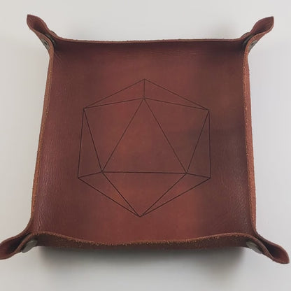 The video starts with a brown leather dice tray in view that has a d20 shape lasered into it. A hand appears from the bottom holding a complete set of rich blue polyhedral dice except for the crystal d4 with gold numbers. The hand rolls all of the dice into the tray from the right.