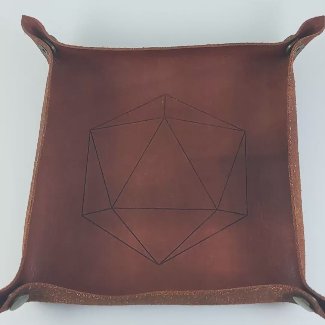The video starts with a brown leather dice tray in view that has a d20 shape lasered into it. A hand appears from the bottom right corner holding an orange and purple diamond d20 with black numbers. The hand rolls all of the dice into the tray from the right. The die rolls a 10.