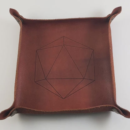 The video starts with a brown leather dice tray in view that has a d20 shape lasered into it. A hand appears from the bottom right corner holding a complete set of rich blue polyhedral dice except for the crystal d4 with bronze numbers. The hand rolls all of the dice into the tray from the right. One of the d20s rolls a natural 20.
