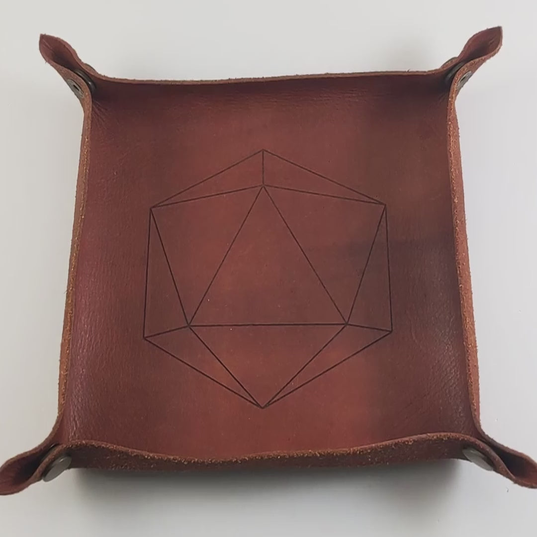 The video starts with a brown leather dice tray in view that has a d20 shape lasered into it. A hand appears from the bottom right corner holding a complete set of rich blue polyhedral dice except for the crystal d4 with bronze numbers. The hand rolls all of the dice into the tray from the right. One of the d20s rolls a natural 20.
