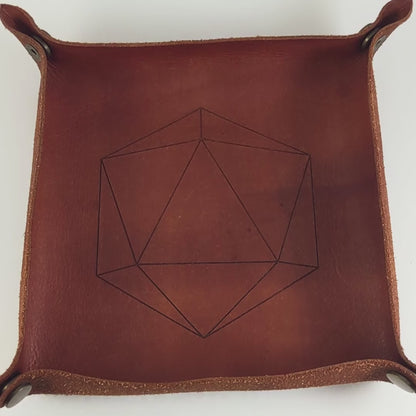 The video starts with a brown leather dice tray in view that has a d20 shape lasered into it. A hand appears from the bottom right corner holding a complete set of dagger dice that are venomous green with hints of silver like a poisoned blade with black numbers. The hand rolls all of the dice into the tray from the right.