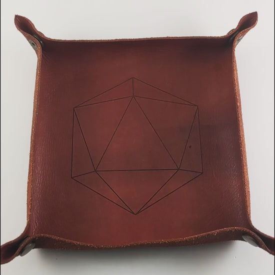 The video starts with a brown leather dice tray in view that has a d20 shape lasered into it. A hand appears from the bottom right corner holding ten dark green and black d6s with red numbers. The hand rolls the dice into the dice tray from the right.