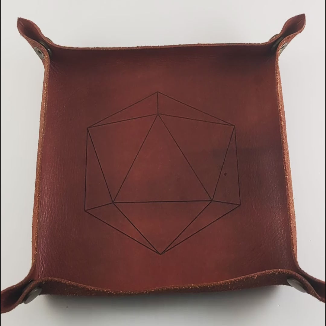 The video starts with a brown leather dice tray in view that has a d20 shape lasered into it. A hand appears from the bottom right corner holding ten dark green and black d6s with red numbers. The hand rolls the dice into the dice tray from the right.