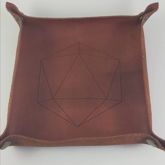 The video starts with a brown leather dice tray in view that has a d20 shape lasered into it. A hand appears from the bottom right corner holding a complete set of diamond dice that are green and black with purple numbers that glow in the dark. The hand rolls all of the dice into the tray from the right.