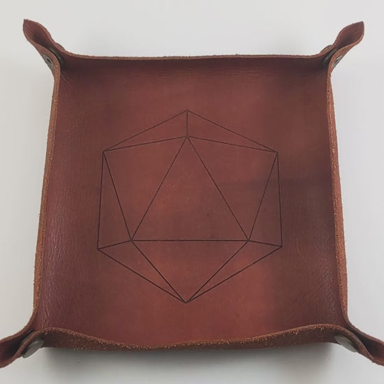 The video starts with a brown leather dice tray in view that has a d20 shape lasered into it. A hand appears from the bottom right corner holding a pair of yellow and teal d12s, one with white numbers and one with black numbers. The hand rolls the dice into the dice tray from the right.