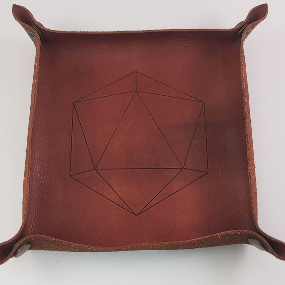 The video starts with a brown leather dice tray in view that has a d20 shape lasered into it. A hand enters from the bottom right corner holding a light green reliable talent d20 with gold numbers. The hand spins the d20 to show off how each face that is normally 9 or below is replaced with a 10. Then the hand rolls the die into the tray from the right.