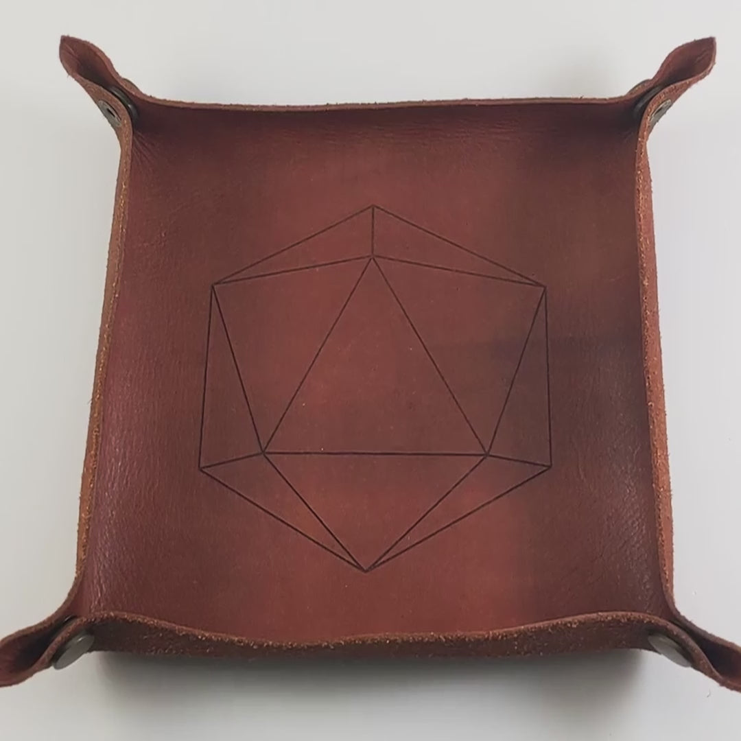 The video starts with a brown leather dice tray in view that has a d20 shape lasered into it. A hand appears from the bottom right corner holding a complete set of emerald green polyhedral dice except for the crystal d4 with silver numbers. The hand rolls all of the dice into the tray from the right.