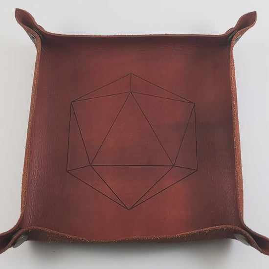 The video starts with a brown leather dice tray in view that has a d20 shape lasered into it. A hand appears from the bottom right corner holding a pair of pink d12s, one with gold numbers and one with black numbers. The hand rolls the dice into the dice tray from the right.