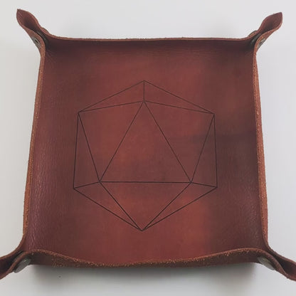 The video starts with a brown leather dice tray in view that has a d20 shape lasered into it. A hand appears from the bottom right corner holding a pair of pink d12s, one with gold numbers and one with black numbers. The hand rolls the dice into the dice tray from the right.