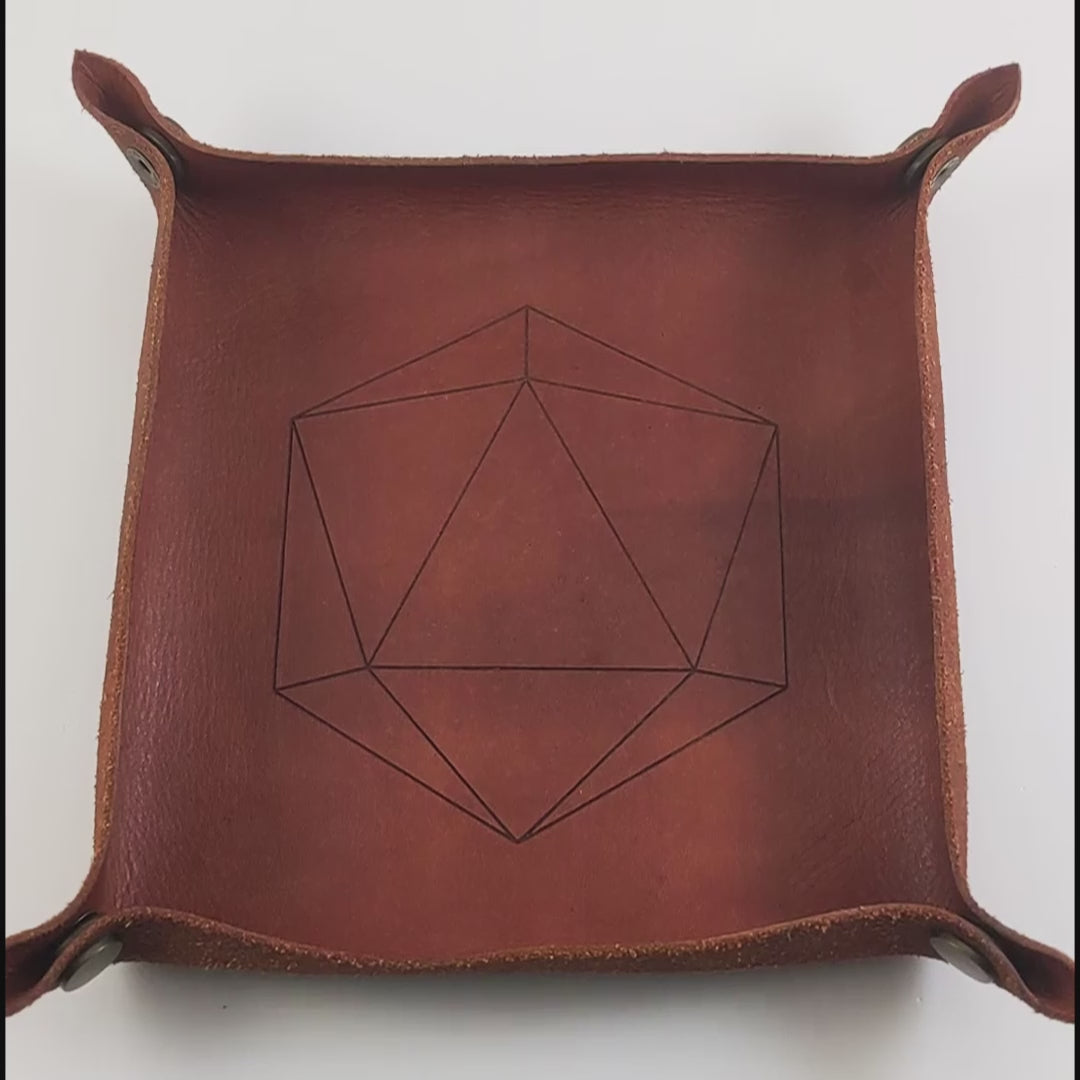 The video starts with a brown leather dice tray in view that has a d20 shape lasered into it. A hand appears from the bottom right corner holding a pair of pink d12s, one with gold numbers and one with white numbers. The hand rolls the dice into the dice tray from the right.