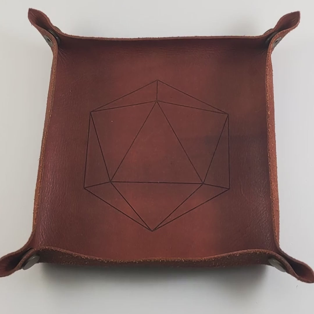 The video starts with a brown leather dice tray in view that has a d20 shape lasered into it. A hand appears from the bottom right corner holding a complete set of coffee brown with milky white swirls polyhedral dice with teal numbers. The hand rolls all of the dice into the tray from the right. One of the d20s lands on a natural 20.