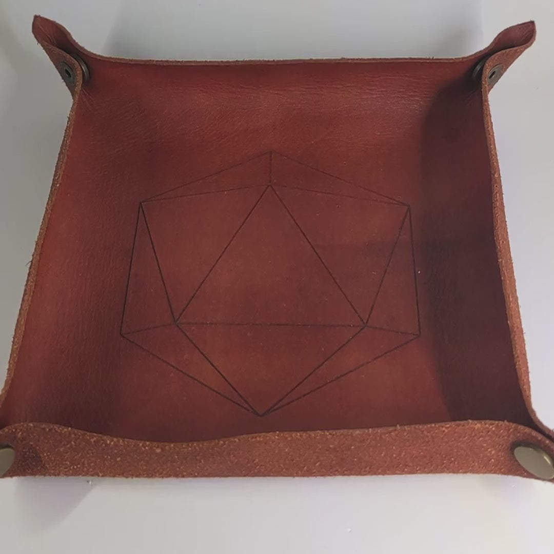 The video starts with a brown leather dice tray in view that has a d20 shape lasered into it. A hand appears from the bottom right corner holding a complete set of polyhedral dice that are black with some semitranslucent swirls and bright green numbers. The hand rolls all of the dice into the tray from the right.