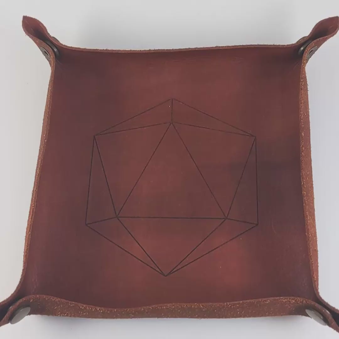 The video starts with a brown leather dice tray in view that has a d20 shape lasered into it. A hand appears from the bottom right corner holding a diamond d3 that is black and green with purple numbers that glow in the dark. The hand rolls all of the dice into the tray from the right.