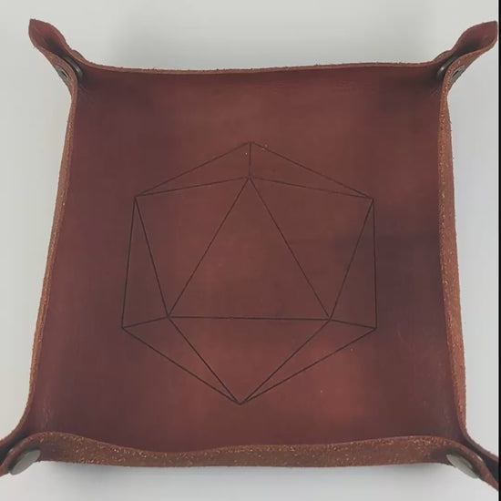 The video starts with a brown leather dice tray in view that has a d20 shape lasered into it. A hand appears from the bottom right corner holding a dagger d3 that is black and green with orange numbers that glow in the dark. The hand rolls all of the dice into the tray from the right.