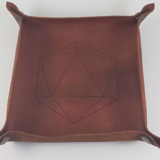 The video starts with a brown leather dice tray in view that has a d20 shape lasered into it. A hand appears from the bottom right corner holding a complete set of diamond dice that are green and purple with black numbers that glow in the dark. The hand rolls all of the dice into the tray from the right.
