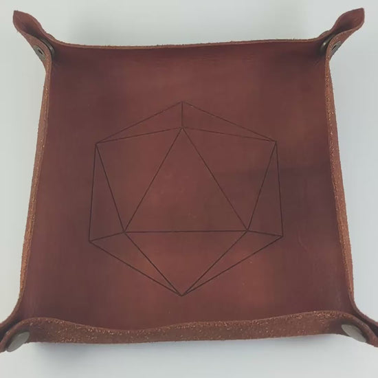 The video starts with a brown leather dice tray in view that has a d20 shape lasered into it. A hand appears from the bottom right corner holding a complete set of polyhedral dice that have glow in the dark moon design inserts with red numbers. The hand rolls all of the dice into the tray from the right. One of the d20s lands on a natural 20.