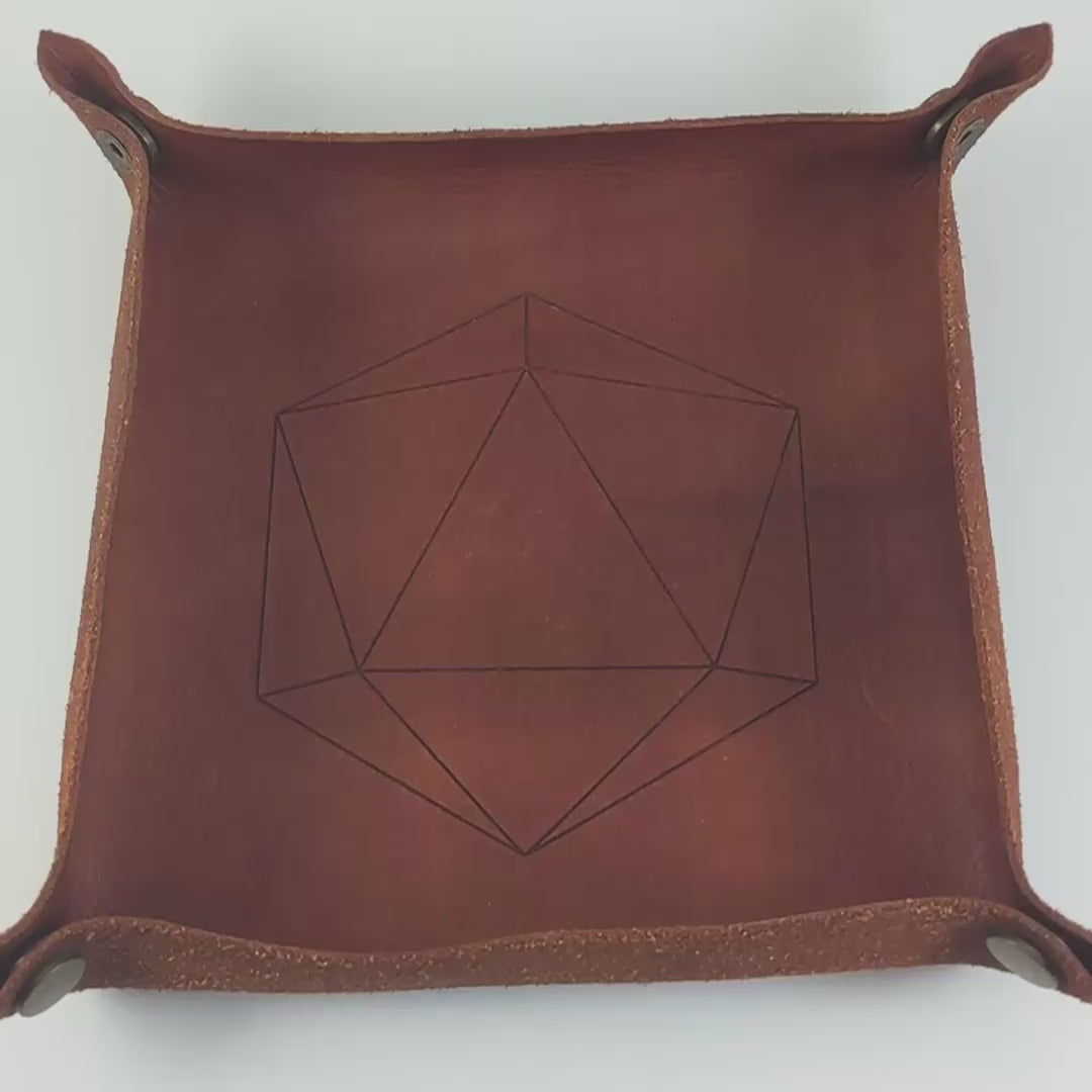 The video starts with a brown leather dice tray in view that has a d20 shape lasered into it. A hand appears from the bottom right corner holding a complete set of polyhedral dice that have glow in the dark moon design inserts with red numbers. The hand rolls all of the dice into the tray from the right. One of the d20s lands on a natural 20.