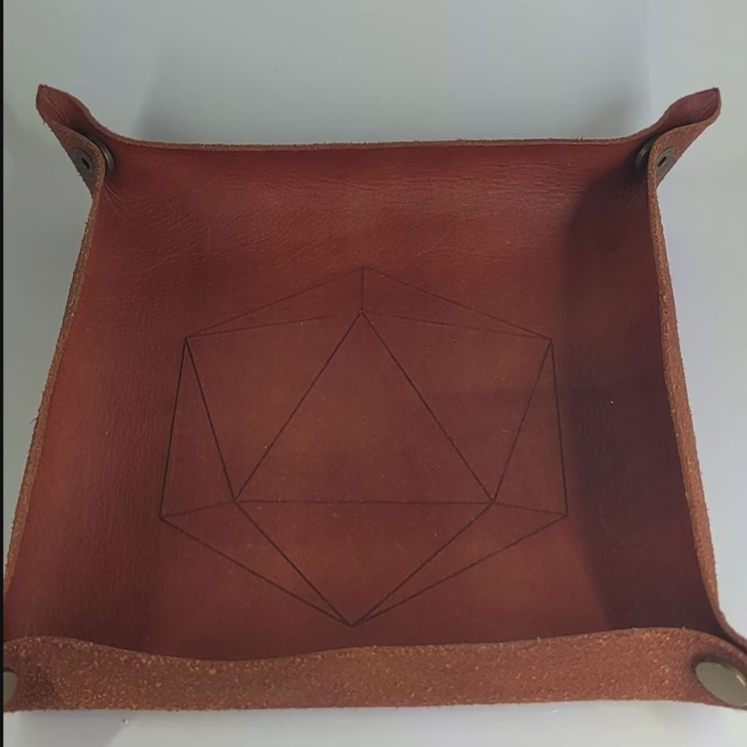 The video starts with a brown leather dice tray in view that has a d20 shape lasered into it. A hand appears from the bottom right corner holding a complete set of polyhedral dice that are  blue with red flakies and white numbers. The hand rolls all of the dice into the tray from the right.