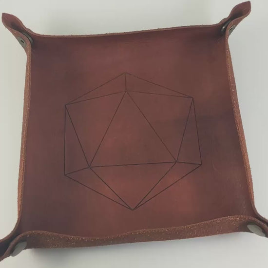 The video starts with a brown leather dice tray in view that has a d20 shape lasered into it. A hand appears from the bottom right corner holding a complete set of polyhedral dice that are purple with black cat designs with bright green numbers. The hand rolls all of the dice into the tray from the right. One of the d20s lands on a natural 20, the other lands on a natural 1.