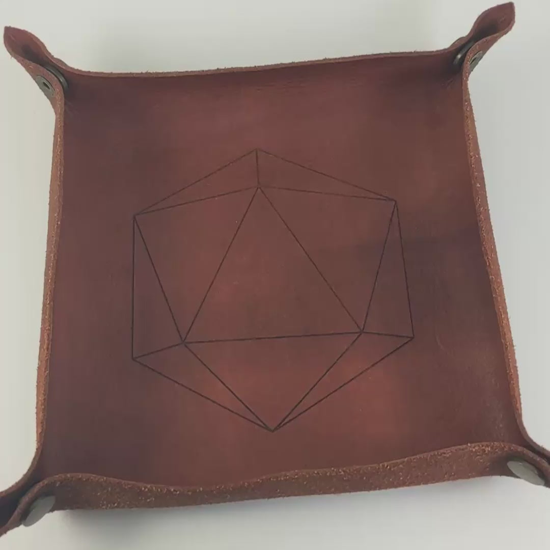 The video starts with a brown leather dice tray in view that has a d20 shape lasered into it. A hand appears from the bottom right corner holding a complete set of polyhedral dice that are purple with black cat designs with bright green numbers. The hand rolls all of the dice into the tray from the right. One of the d20s lands on a natural 20, the other lands on a natural 1.