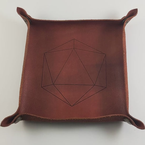 The video starts with a brown leather dice tray in view that has a d20 shape lasered into it. A hand appears from the bottom right corner holding a complete set of teal polyhedral dice with a pearlescent shine and white numbers. The hand rolls all of the dice into the tray from the right.