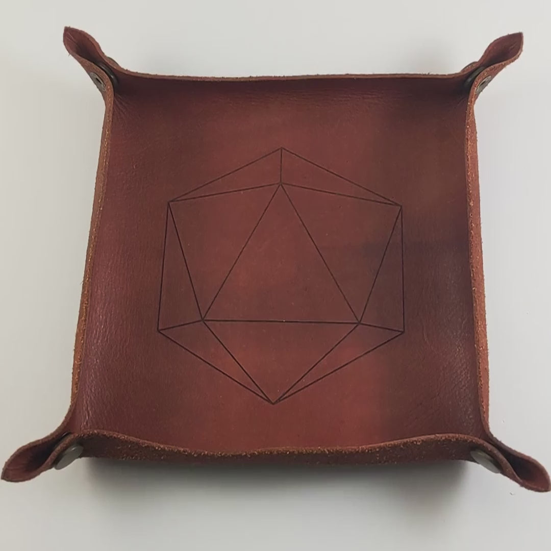 The video starts with a brown leather dice tray in view that has a d20 shape lasered into it. A hand appears from the bottom right corner holding a complete set of teal polyhedral dice with a pearlescent shine and white numbers. The hand rolls all of the dice into the tray from the right.