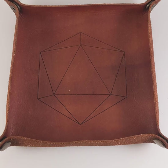 The video starts with a brown leather dice tray in view that has a d20 shape lasered into it. A hand appears from the bottom right corner holding a complete set of diamond dice that are mixed shades of red with black numbers. The hand rolls all of the dice into the tray from the right.