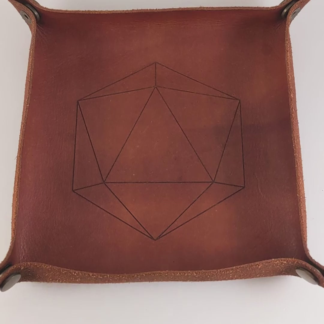 The video starts with a brown leather dice tray in view that has a d20 shape lasered into it. A hand appears from the bottom right corner holding a complete set of diamond dice that are mixed shades of red with black numbers. The hand rolls all of the dice into the tray from the right.