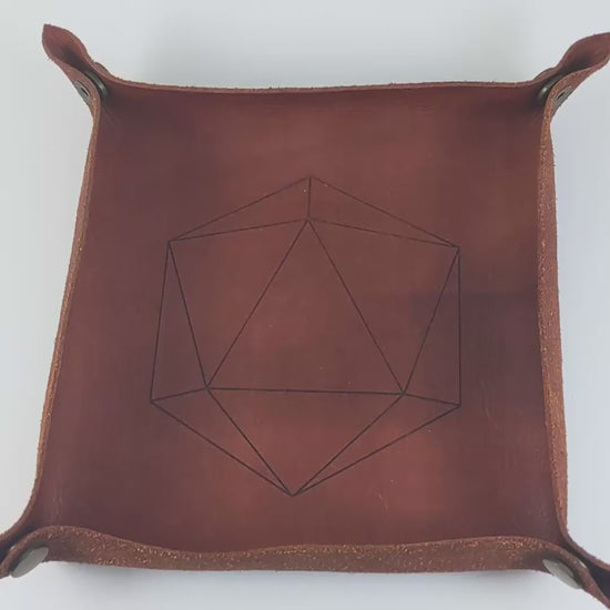 The video starts with a brown leather dice tray in view that has a d20 shape lasered into it. A hand appears from the bottom right corner holding a standard d20 that has black swirls with green numbers. The hand rolls all of the dice into the tray from the right. The die rolls a 14.
