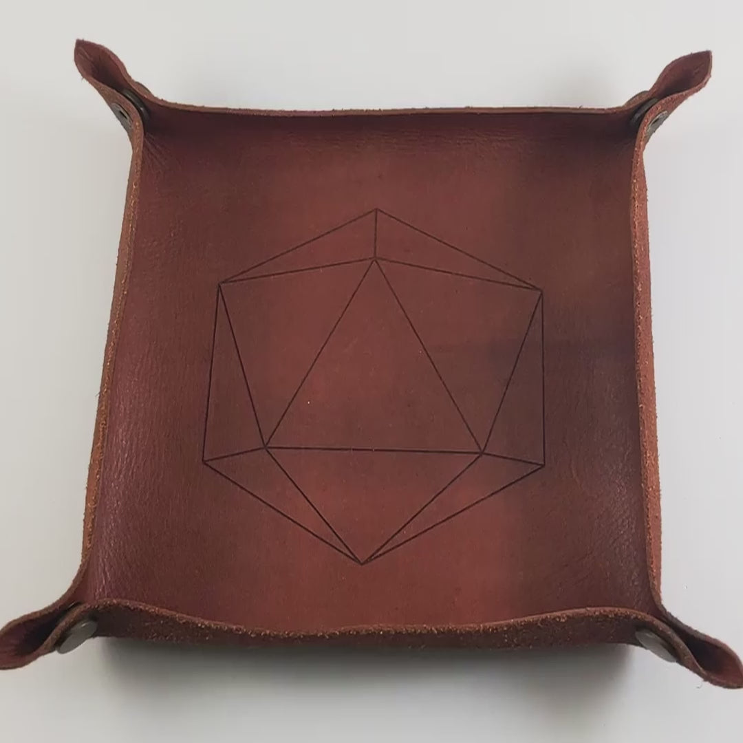 The video starts with a brown leather dice tray in view that has a d20 shape lasered into it. A hand appears from the bottom right corner holding a complete set of emerald green polyhedral dice except for the crystal d4 with copper numbers. The hand rolls all of the dice into the tray from the right.