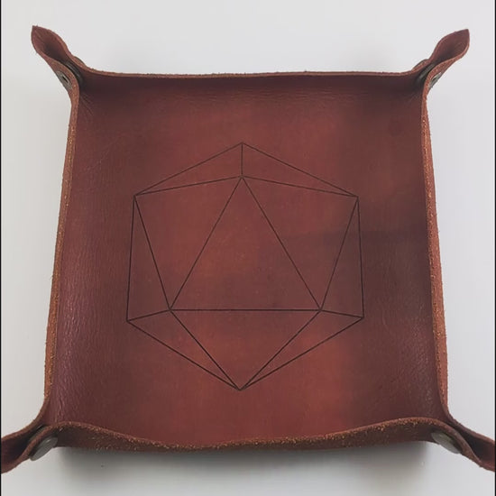 The video starts with a brown leather dice tray in view that has a d20 shape lasered into it. A hand appears from the bottom right corner holding a pair of dark silver and gold d12s, one with white numbers and one with black numbers. The hand rolls the dice into the dice tray from the right.