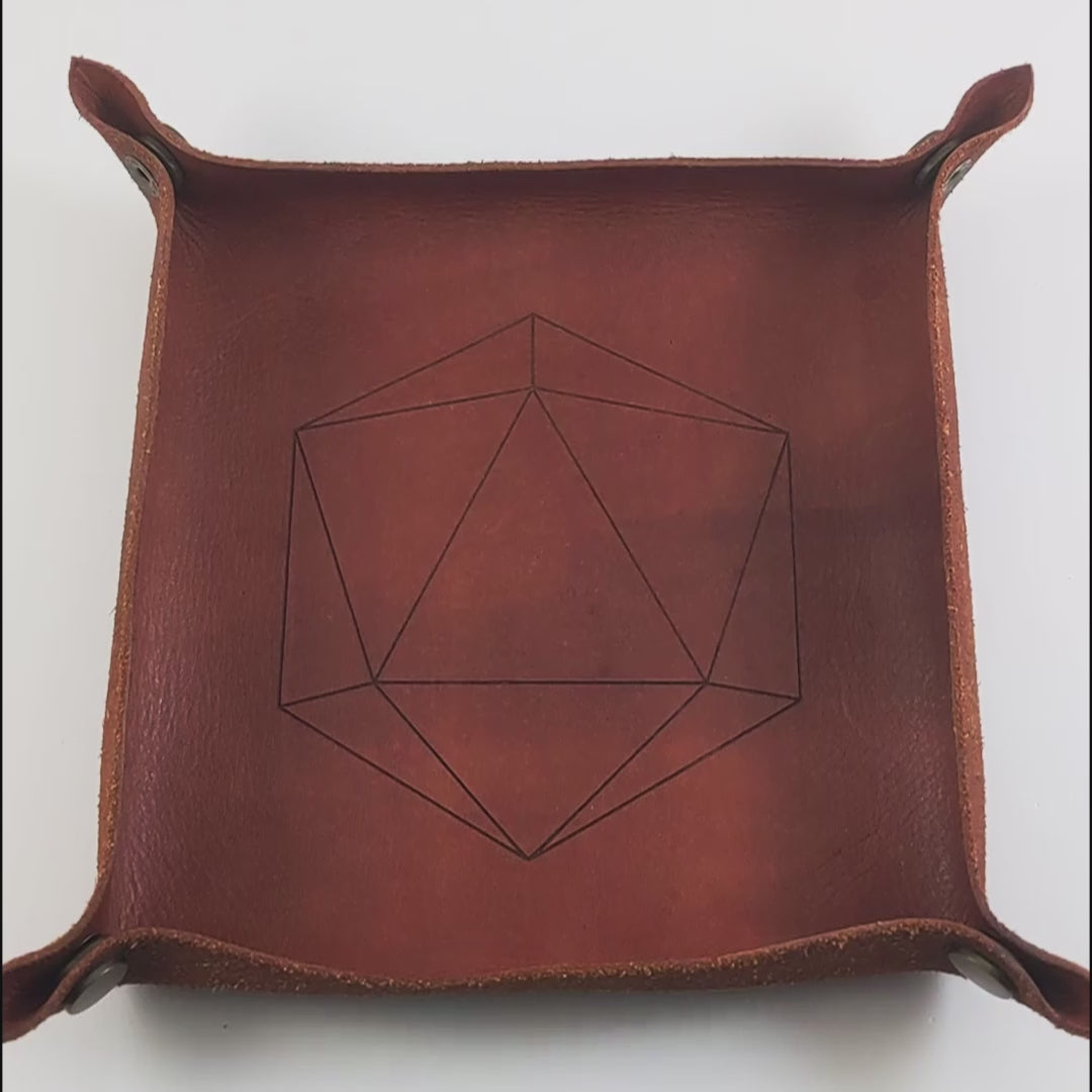The video starts with a brown leather dice tray in view that has a d20 shape lasered into it. A hand appears from the bottom right corner holding a pair of dark silver and gold d12s, one with white numbers and one with black numbers. The hand rolls the dice into the dice tray from the right.