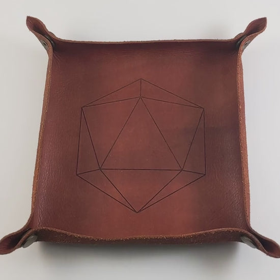 The video starts with a brown leather dice tray in view that has a d20 shape lasered into it. A hand appears from the bottom right corner holding a complete set of rich blue polyhedral dice except for the crystal d4 with silver numbers. The hand rolls all of the dice into the tray from the right.