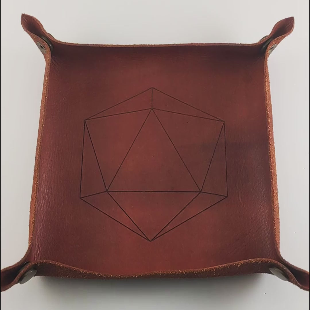 The video starts with a brown leather dice tray in view that has a d20 shape lasered into it. A hand appears from the bottom right corner holding 10 orange and red d6s to the camera. The hand rolls the dice from the right into the dice tray.