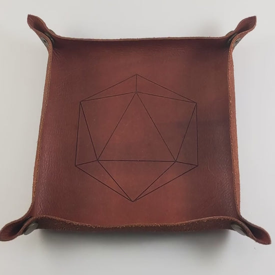 The video starts with a brown leather dice tray in view that has a d20 shape lasered into it. A hand appears from the bottom right corner holding a complete set of teal polyhedral dice with a pearlescent shine and gold numbers. The hand rolls all of the dice into the tray from the right.