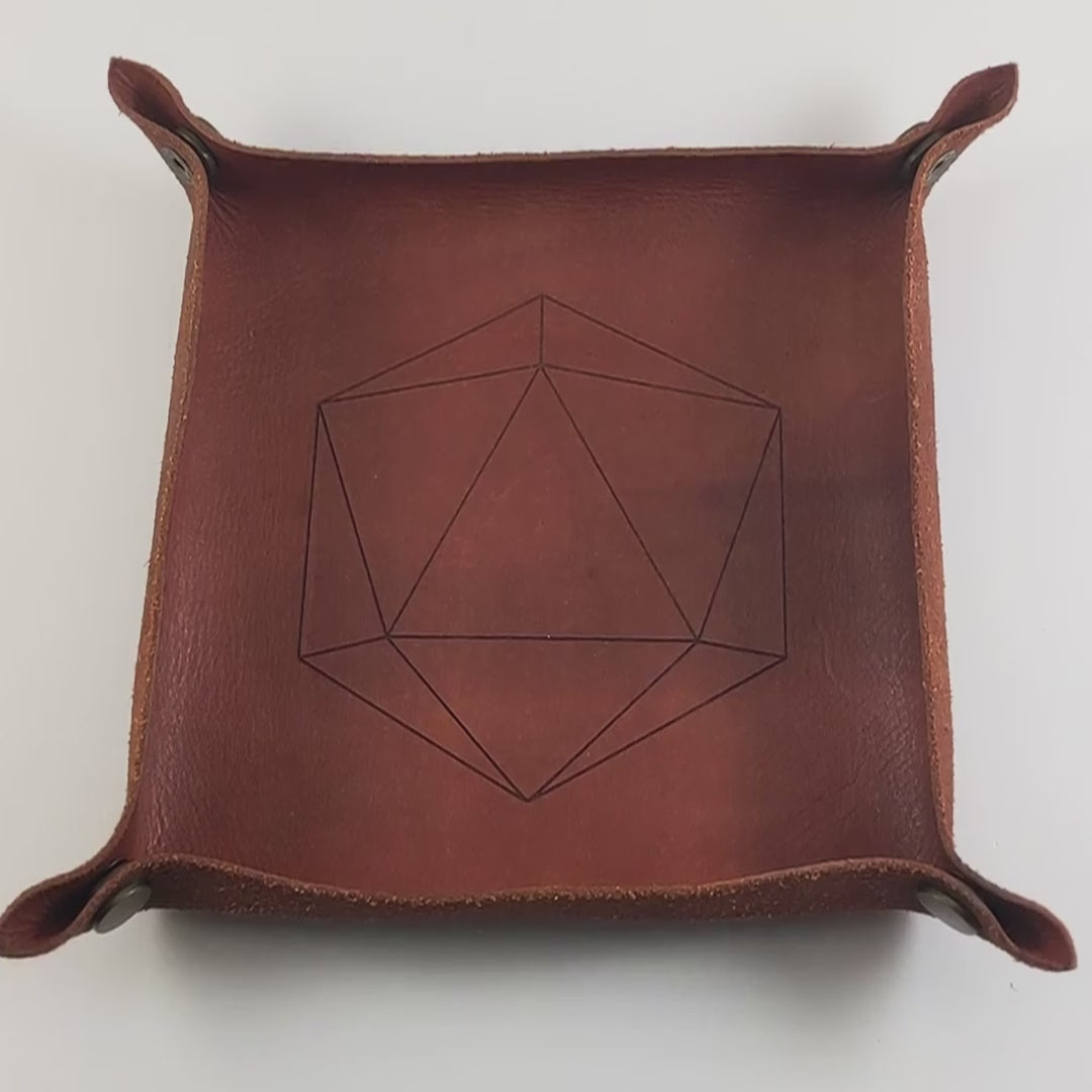 The video starts with a brown leather dice tray in view that has a d20 shape lasered into it. A hand appears from the bottom right corner holding a complete set of teal polyhedral dice with a pearlescent shine and gold numbers. The hand rolls all of the dice into the tray from the right.